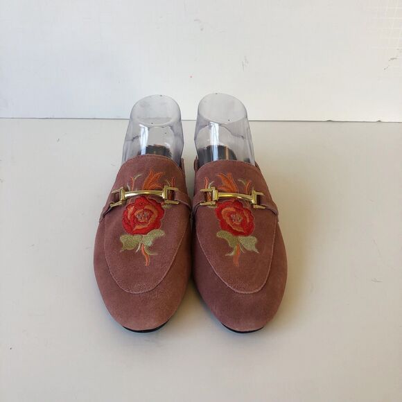 Ellos Horsebit Leather Suede Mules Loafers Pink Rose Embroidered Womens Size 8.5 - Picture 7 of 13